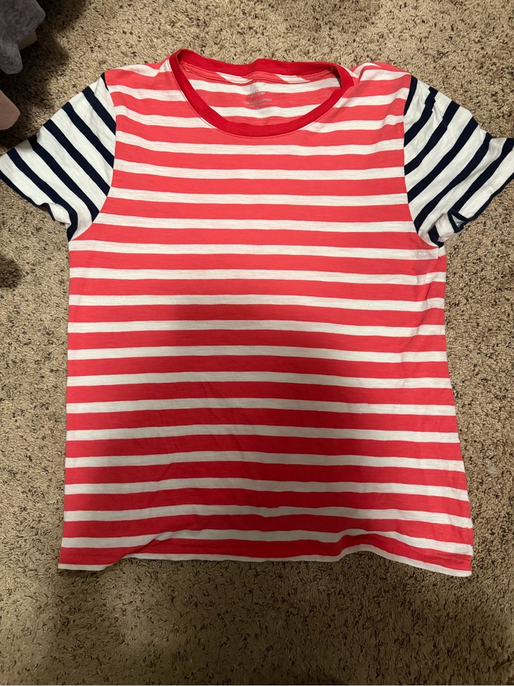 Women's Pink & White Striped Tee with Navy Contrast Sleeves